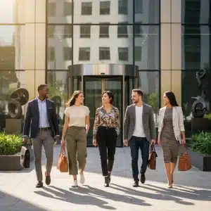 Modern professionals in 2026 business casual attire entering a contemporary office.