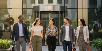 Modern professionals in 2026 business casual attire entering a contemporary office.