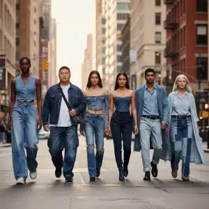 Diverse models showcasing 2026 denim trends for all body types in an urban setting.