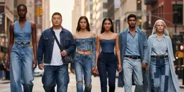 Diverse models showcasing 2026 denim trends for all body types in an urban setting.