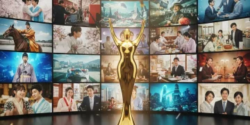 Golden dorama award statue with a blurred background of diverse Asian drama clips, symbolizing excellence and global recognition.