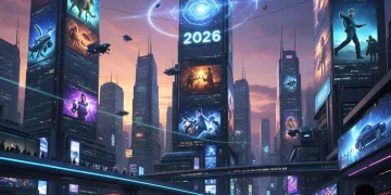 Futuristic cityscape with dramatic digital projections, representing 2026 drama trends.