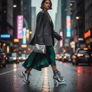 Stylish woman showcasing diverse shoe styles for 2026 fashion trends
