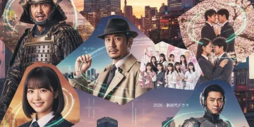 Collage of diverse Japanese actors and futuristic Tokyo skyline, representing 2026 J-Drama themes.