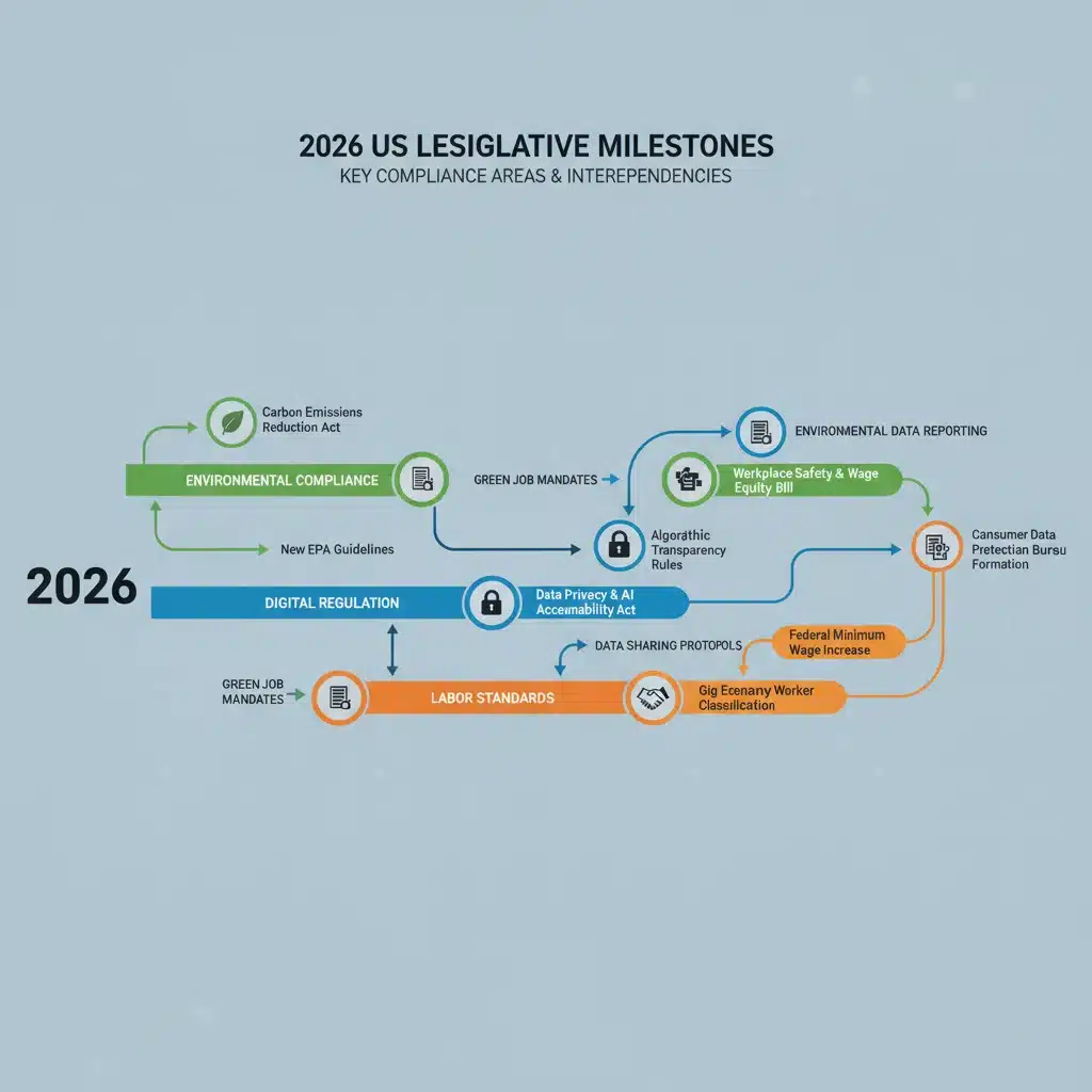 Timeline of 2026 US legislation compliance milestones for designers