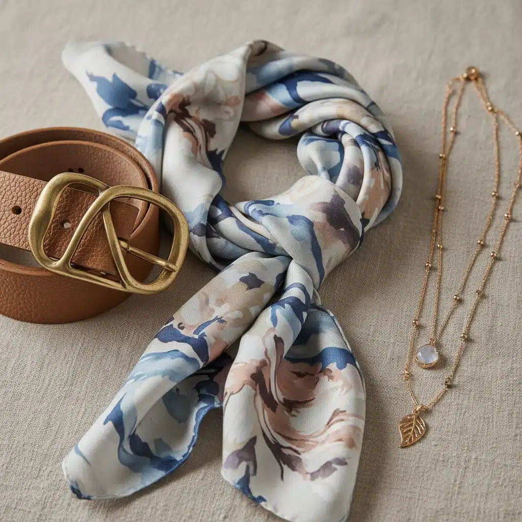 Variety of accessories including a silk scarf, leather belt, and layered necklace, emphasizing texture and material.