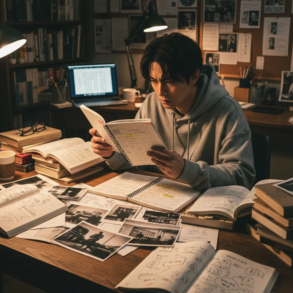 Actor studying script with research materials for dorama role