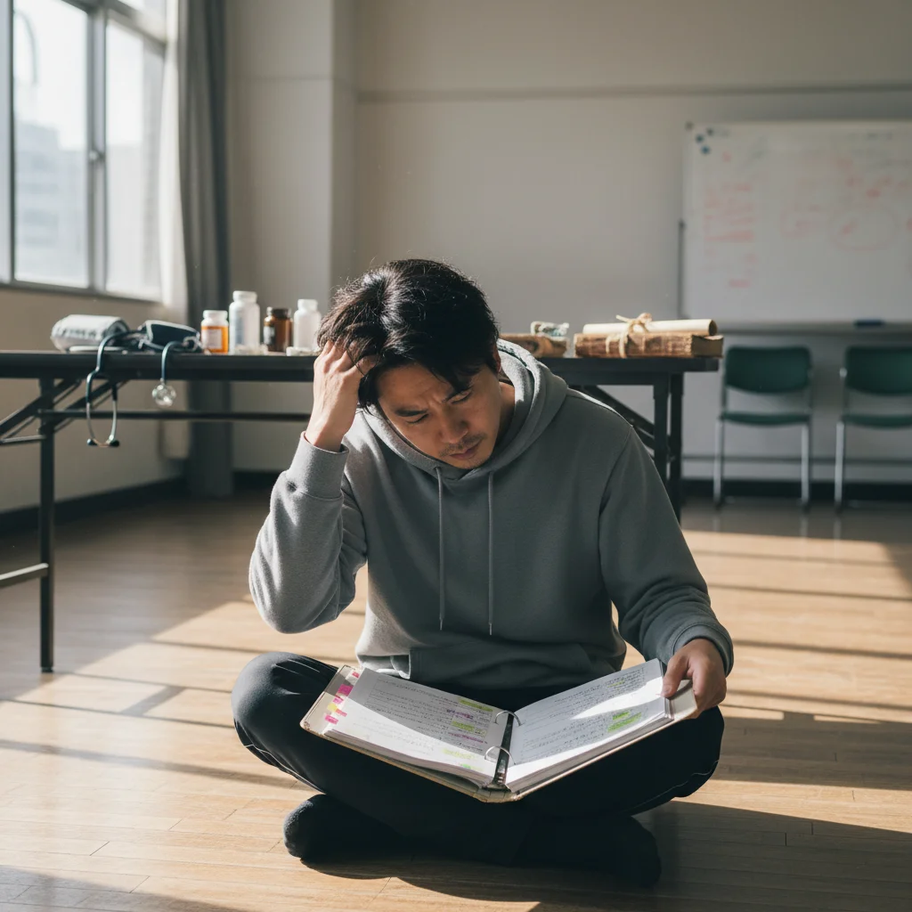 Actor studying script for complex dorama role, surrounded by character-specific props.