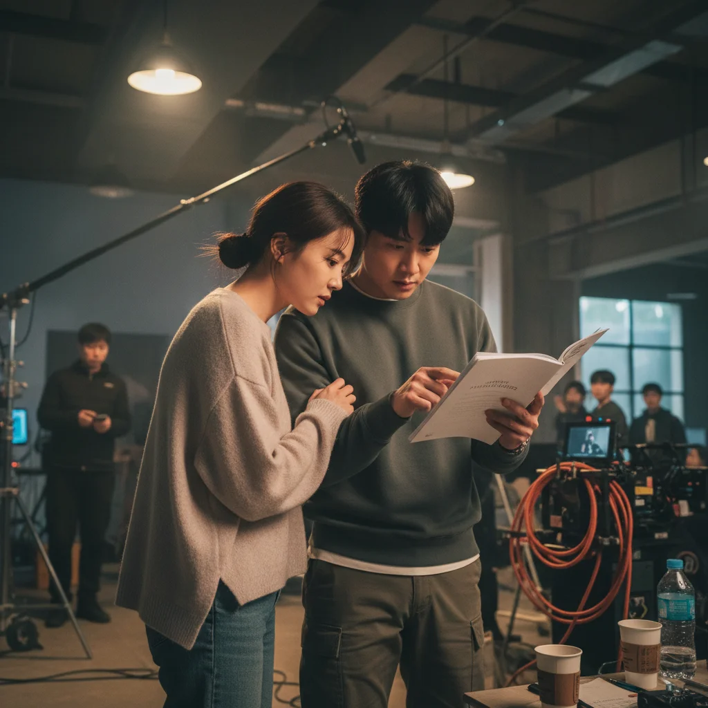 Behind-the-scenes look at actors rehearsing emotional scene.