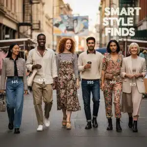 Stylish individuals demonstrating affordable fashion outfits under $100