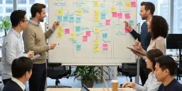 Agile team collaborating on project planning with sticky notes and whiteboard