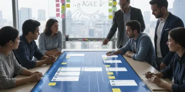 Diverse team collaborating on agile project management software