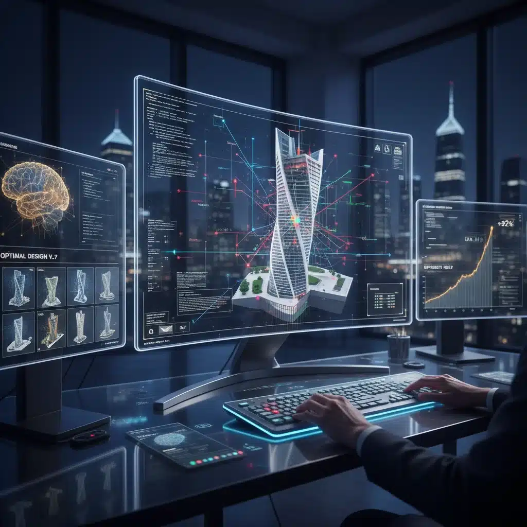 AI algorithm optimizing 3D architectural model on a screen