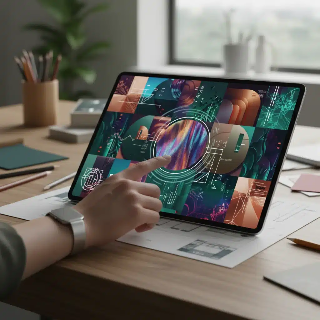 Designer interacting with AI-generated mood board on a tablet