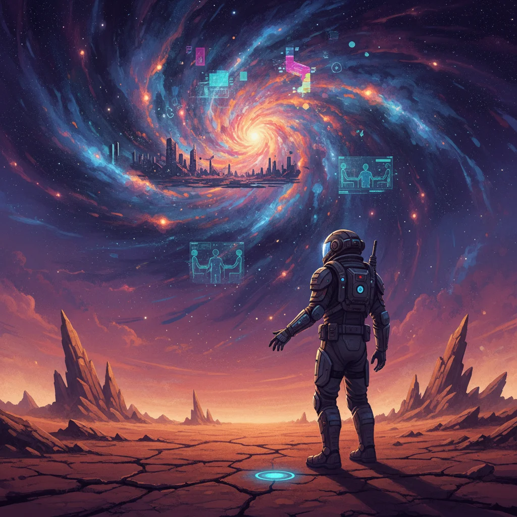 Figure contemplating swirling vortex on alien landscape, symbolizing film themes