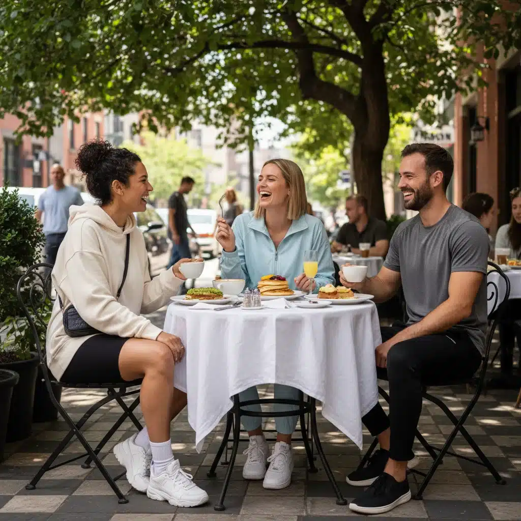 Friends enjoying brunch in stylish athleisure outfits
