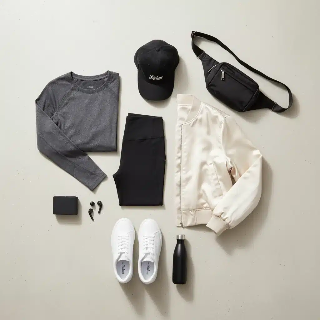 Flat lay of essential athleisure wardrobe pieces