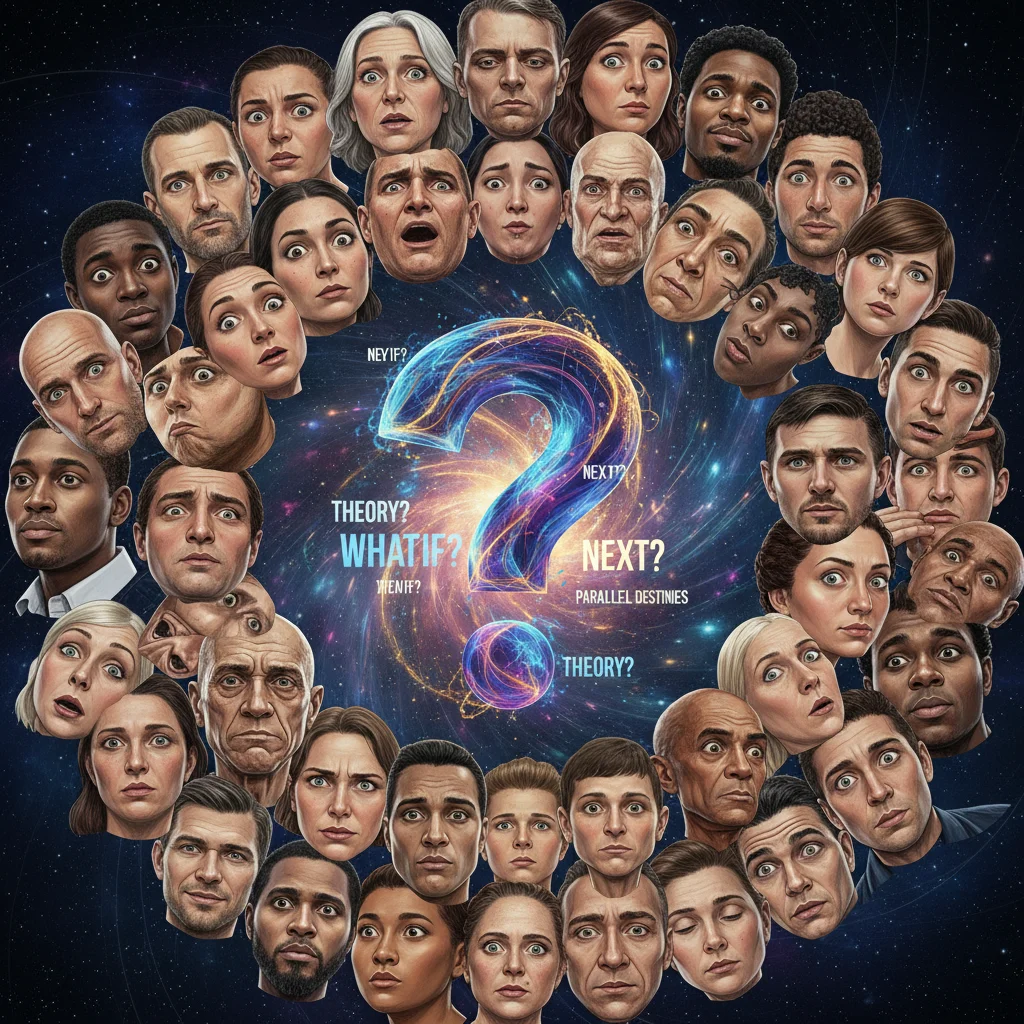 Diverse faces expressing intrigue and surprise around a question mark, symbolizing fan speculation.