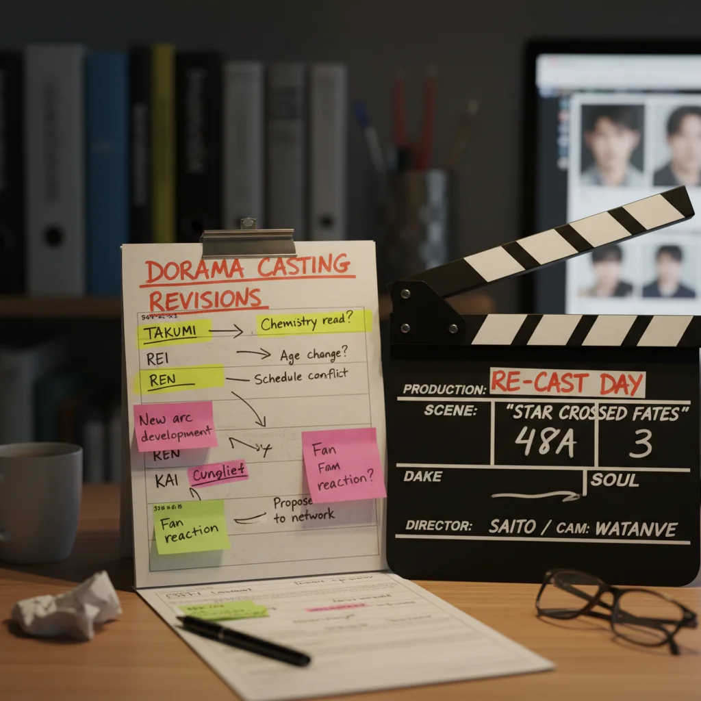 Script page and director's clapboard, symbolizing strategic dorama casting decisions.