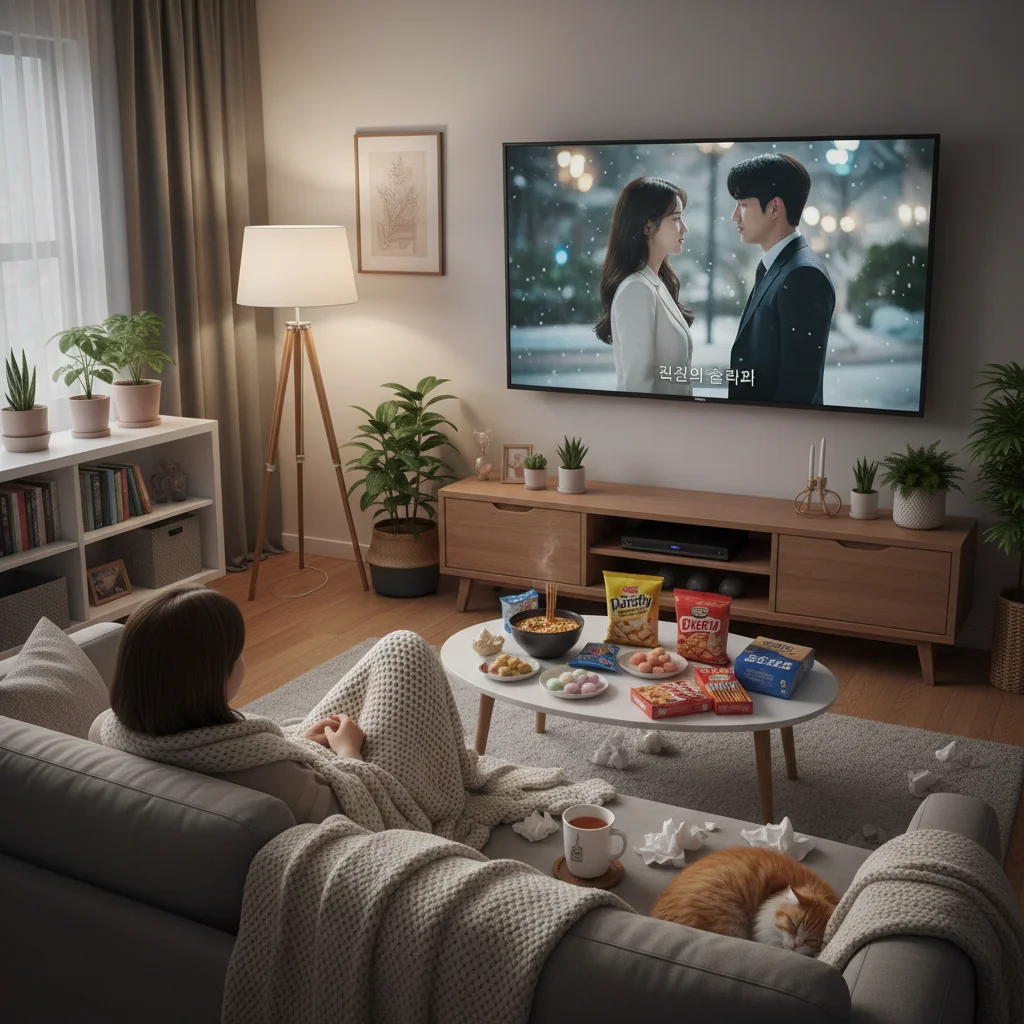 Person watching dorama on TV, cozy at home, enjoying snacks.