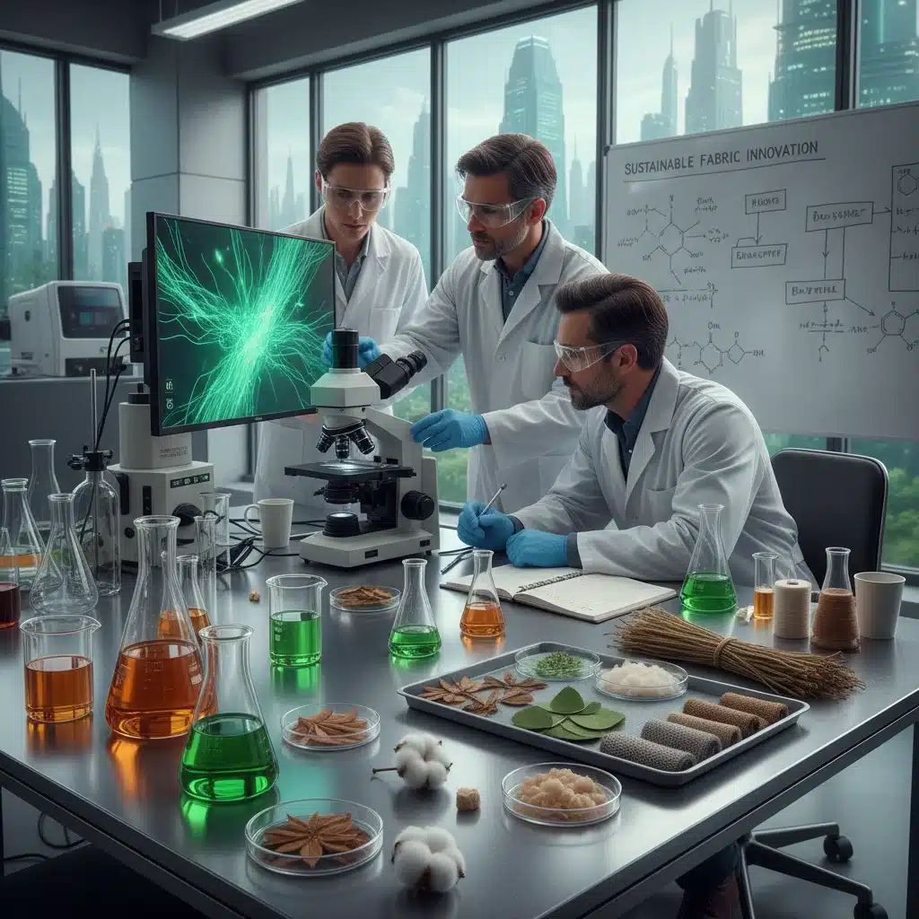 Scientists in a lab developing new bio-based textile fibers for sustainable fashion.