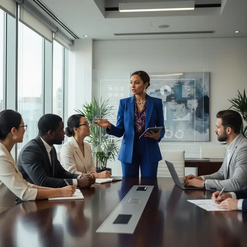 Confident professional presenting in a dynamic boardroom, showcasing impactful power dressing.