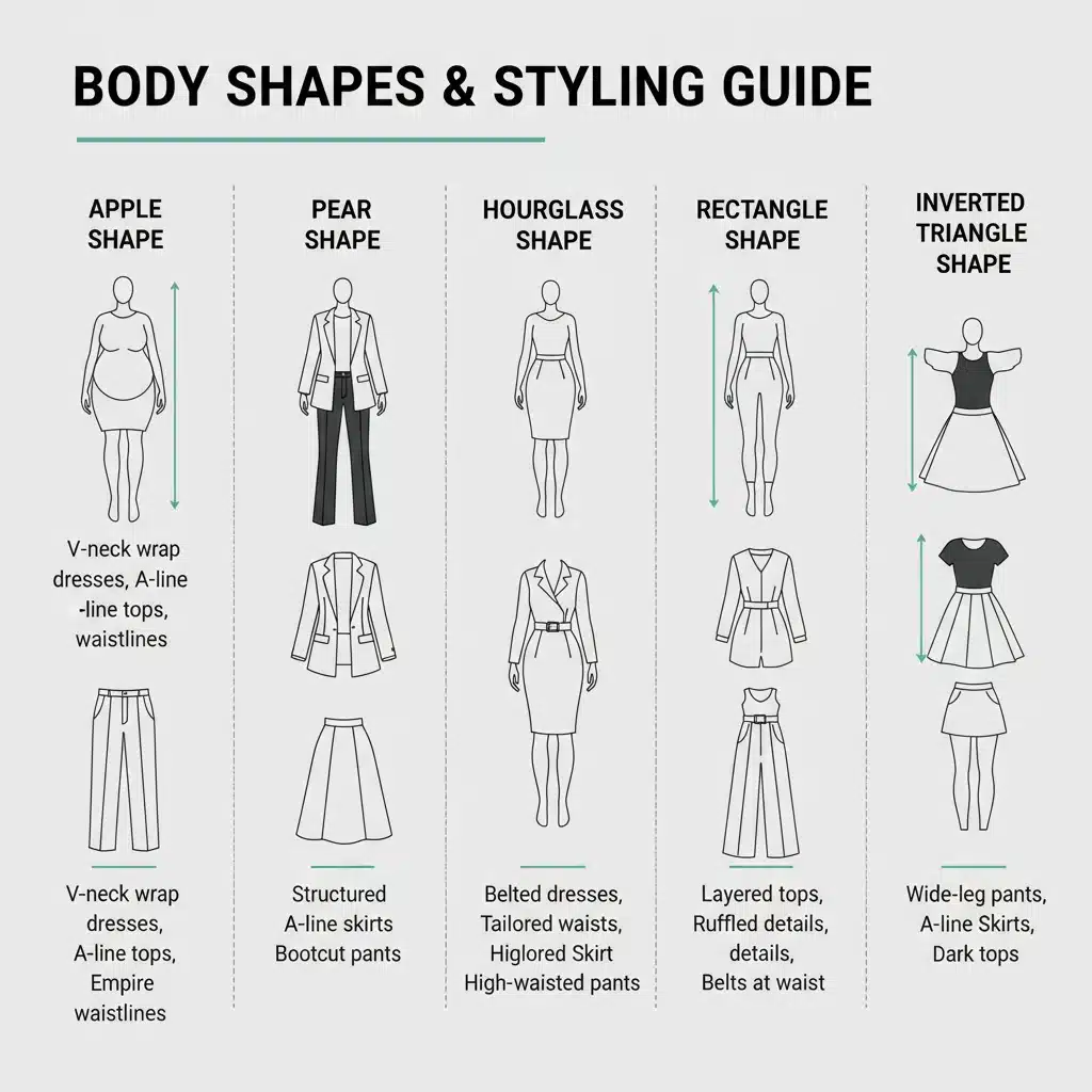 Infographic showing various body shapes and flattering clothing styles