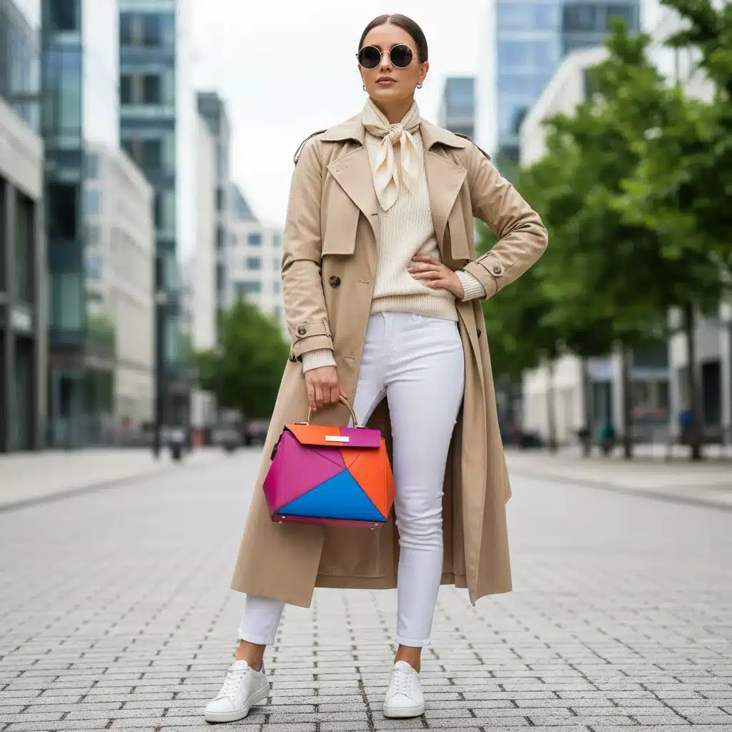 Vibrant structured handbag with neutral outfit