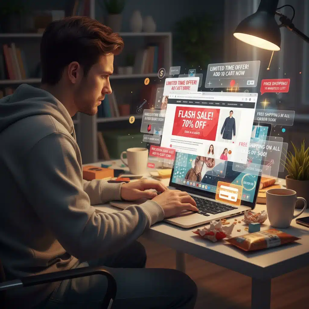 Person browsing flash sales on laptop, quick decisions needed
