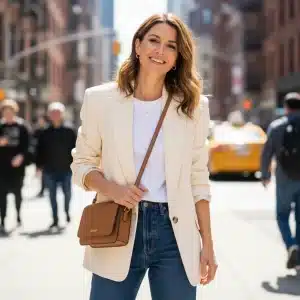 Woman in stylish, budget-friendly outfit, showcasing a chic seasonal wardrobe refresh