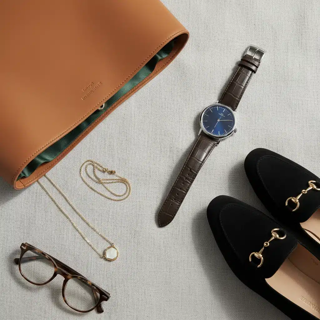 Stylish business casual accessories: tote, watch, loafers, necklace.