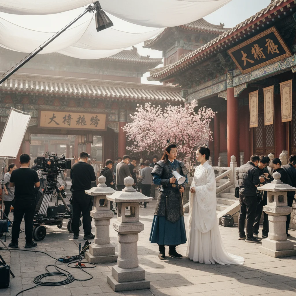 Behind-the-scenes C-Drama production with director and cast on set.