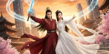 Dynamic C-Drama scene with lead actors and ancient-modern fusion architecture.