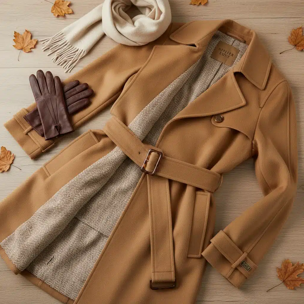 Camel wool blend trench coat with leather gloves and cashmere scarf