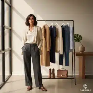 Woman showcasing versatile capsule wardrobe essentials for 2026