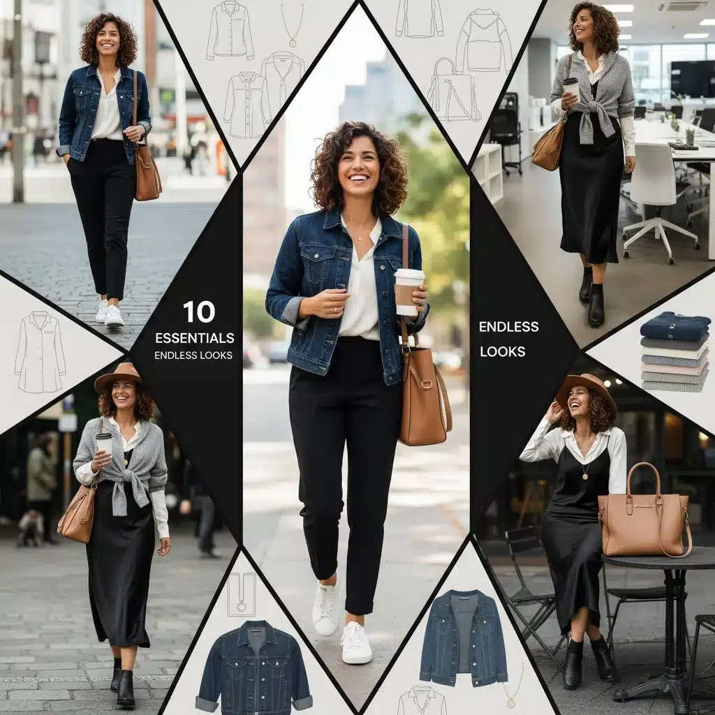 Collage of diverse outfits created from a 10-piece capsule wardrobe