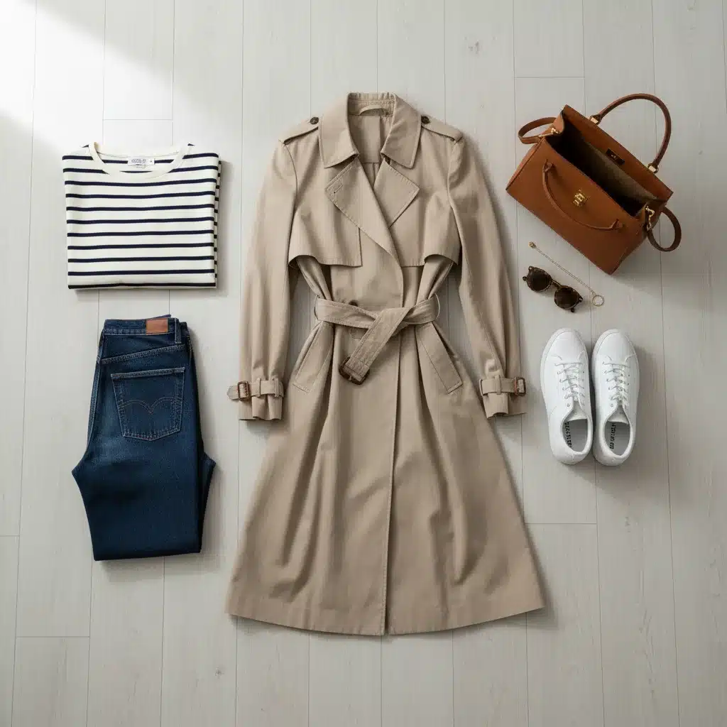 Minimalist capsule wardrobe for transitional weather with trench coat and essentials