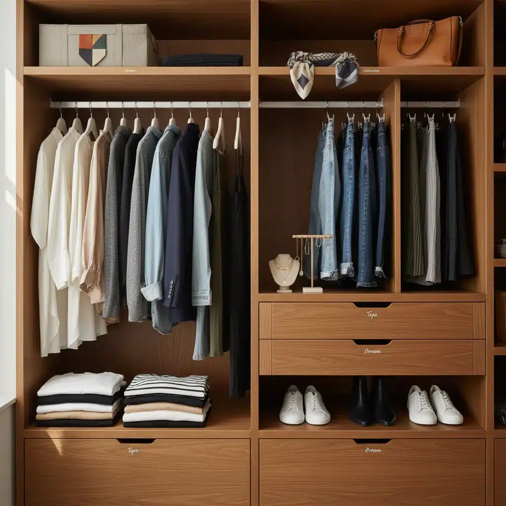 Organized capsule wardrobe displaying versatile clothing items for multiple outfits