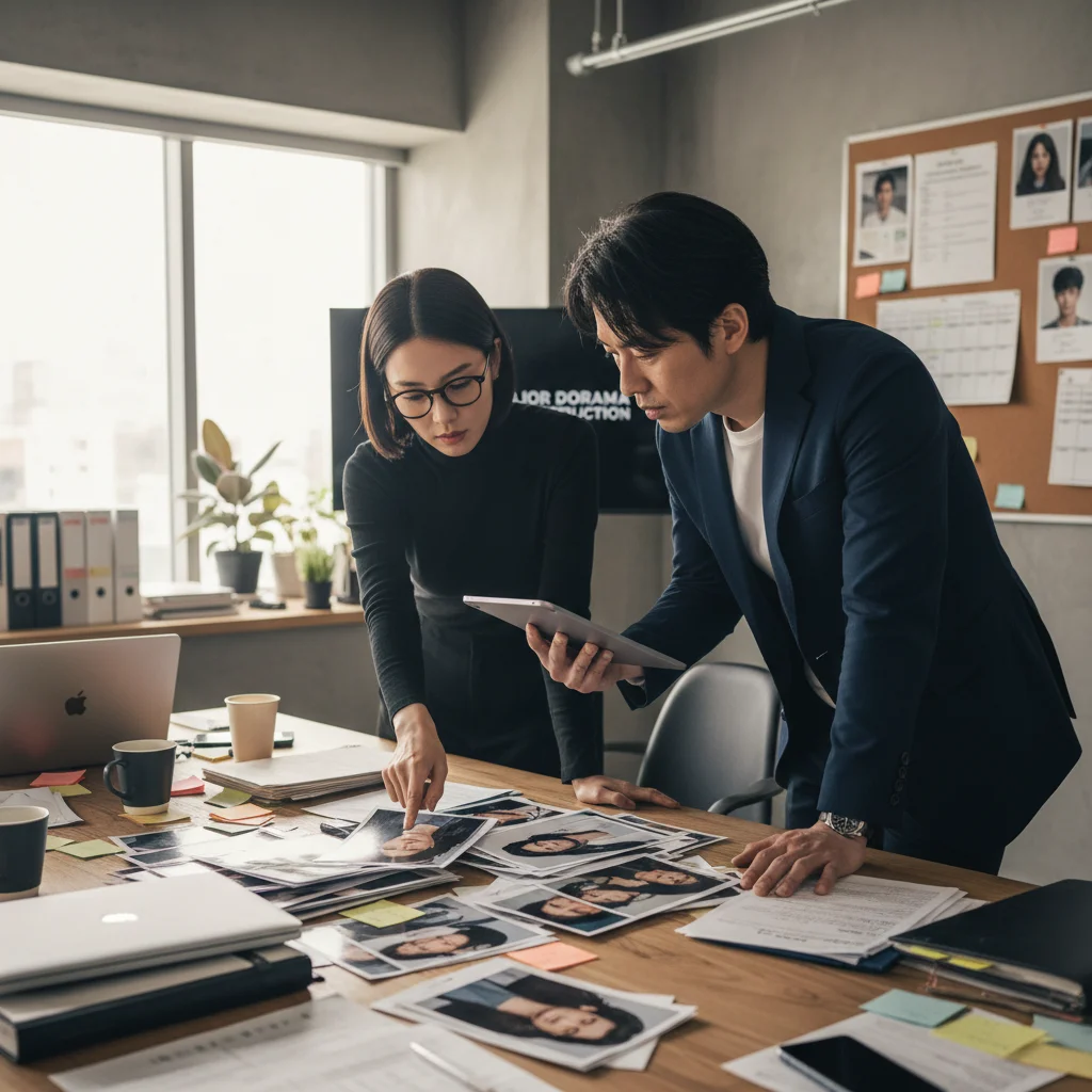 Casting directors reviewing actor portfolios for dorama leads
