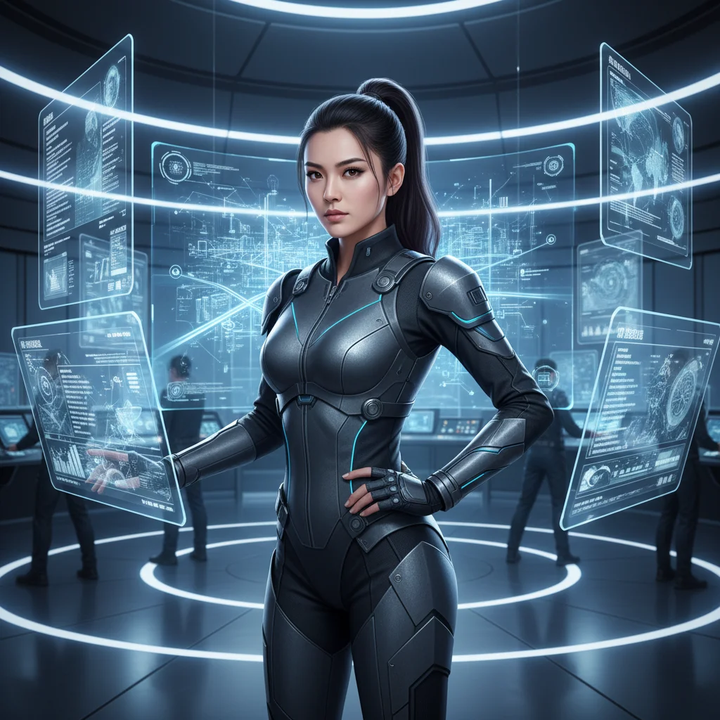 Chen Xiu, female lead of City of Whispers, in a high-tech control room.
