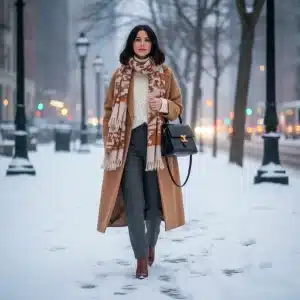 Woman in chic camel coat winter 2026
