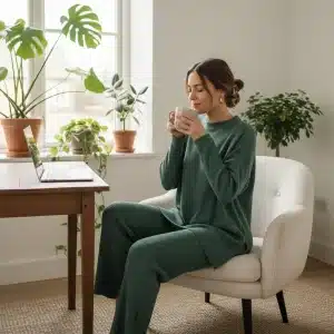 Woman in chic loungewear working from home in a modern office