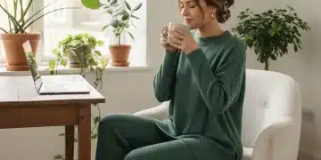 Woman in chic loungewear working from home in a modern office
