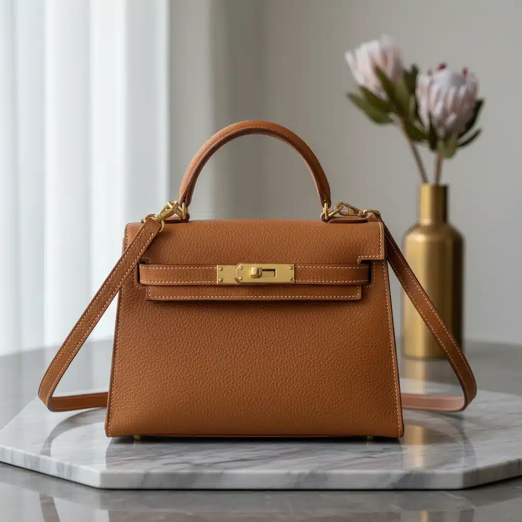 Close-up of a classic leather handbag, emphasizing quality.