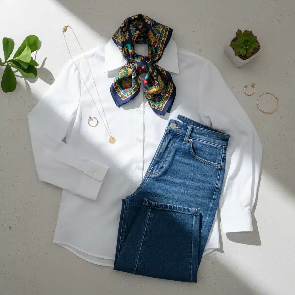 Flat lay of white shirt, silk scarf, wide-leg jeans, gold jewelry