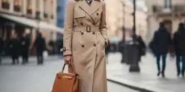 Woman in classic trench coat with luxury leather handbag, symbolizing long-term style investment.