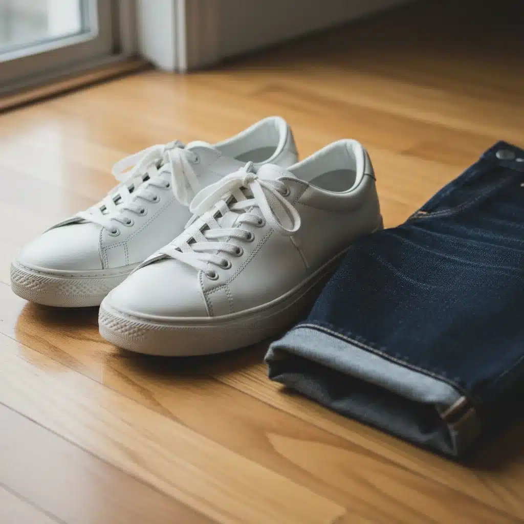 Classic white sneakers and dark wash jeans for men's style