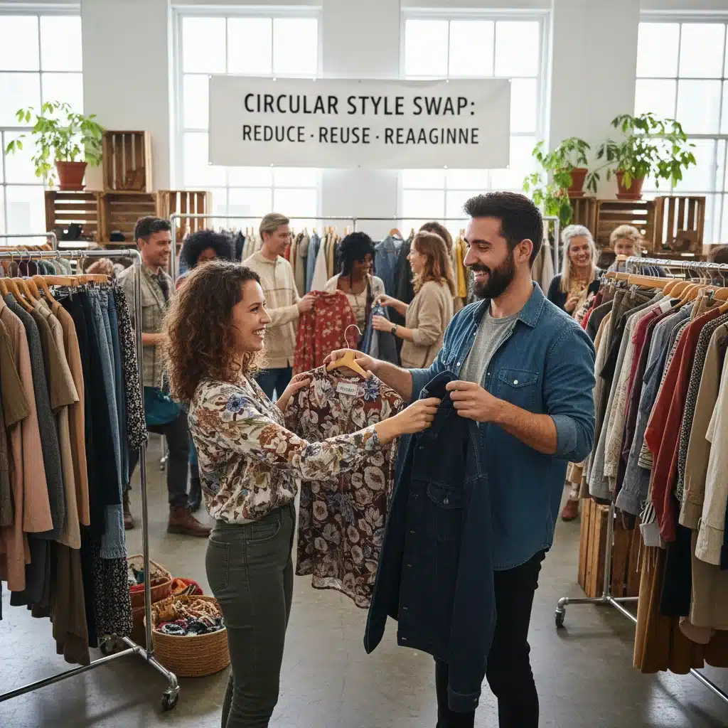 People happily participating in a community clothing swap, exchanging garments to promote circular fashion and reduce waste.