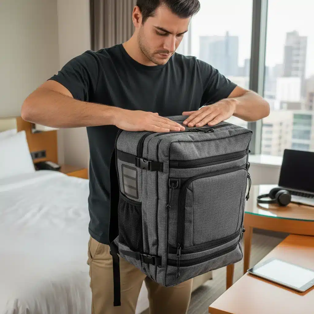 Person collapsing a smart modular backpack to save space for efficient packing and travel