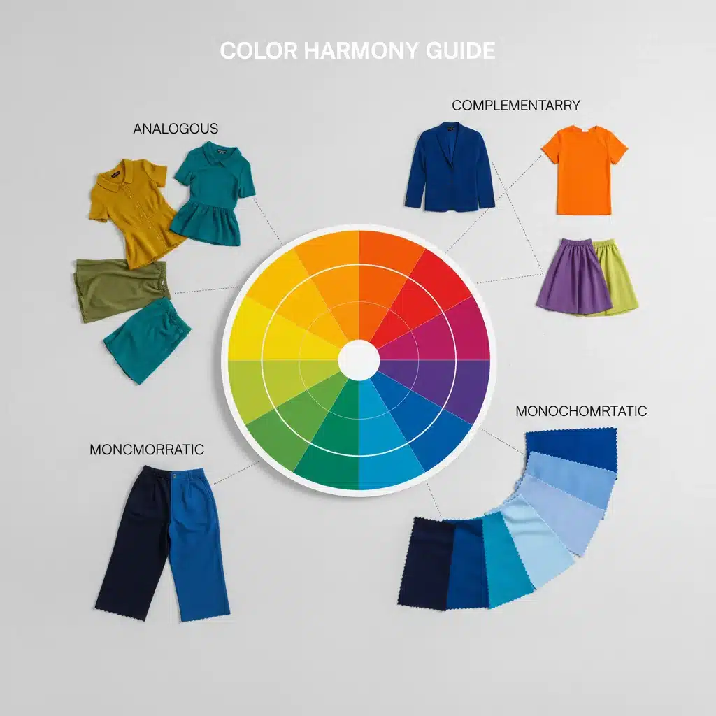 Color wheel demonstrating analogous, complementary, and monochromatic schemes with fabric swatches